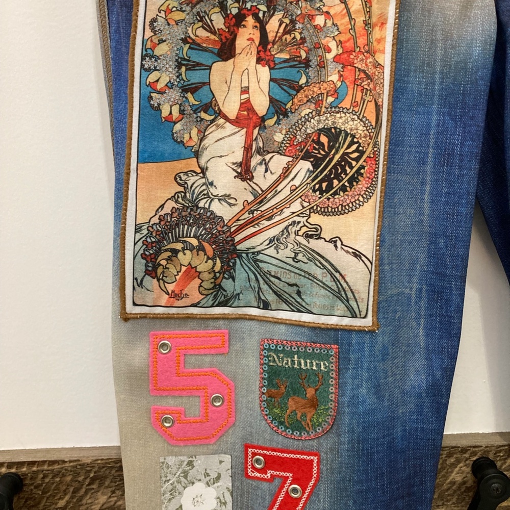 Petit Pois by Viviana G Stretch Denim Look Pant Size S,XL Patches Festival - Picture 4 of 15